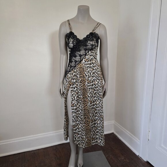 Frederick's Of Hollywood Size M Vintage Leopard Slip Dress Gown Sheer w/ Slit - Picture 13 of 16